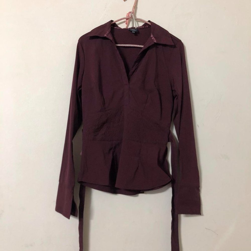 Burgundy blouse with tie belt detailing